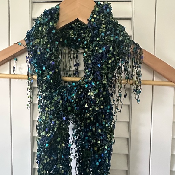 Intricately woven hand made cover up/scarf in cool colors - greens blues purples - Picture 6 of 7